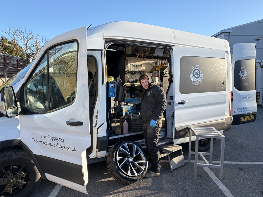 Matt Mepham with the Ace Alloys Southeast mobile workshop and a refurbished alloy wheel